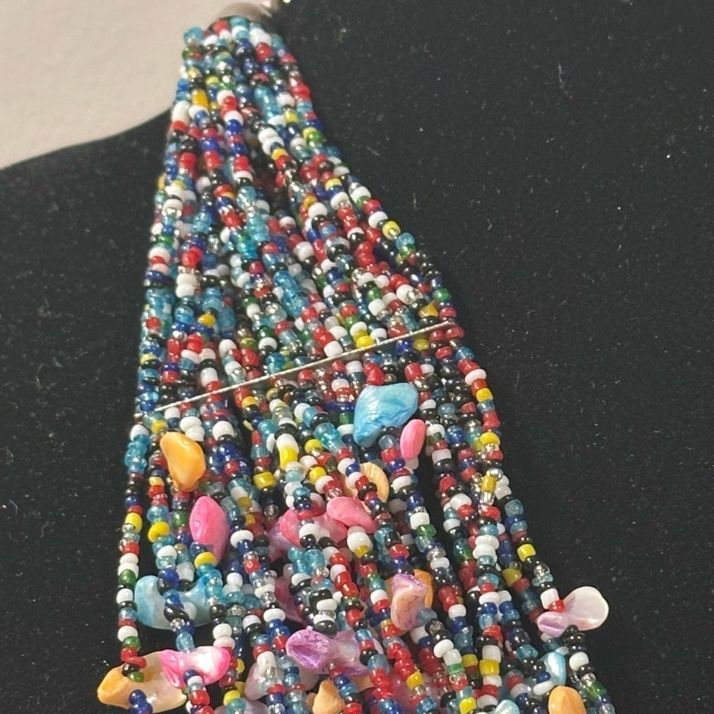 Multi-strand Shells & Seed Beads Multicolored Bib Necklace Layered Bright Pastel - Picture 10 of 15